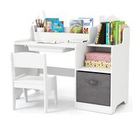 COSTWAY Ensemble Bureau Enfant avec Chaise - Étagères Ouvertes - Tiroir et Bac de Rangement en Tissu - 2 Compartiments Blanc