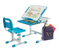 CostwayBureau Enfant à Hauteur Réglable Inclinable 0-45° Ensemble Table et Chaise avec Plateau 1 Tiroir et Crochet en Métal Bleu
