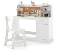 COSTWAY Ensemble Bureau et Chaise d'Étude pour Enfants 3+ Ans avec Étagères, Tiroir, Tableau en liège, Blanc