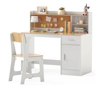 COSTWAY Ensemble Bureau et Chaise d'Étude pour Enfants 3+ Ans avec Étagères, Tiroir, Tableau en liège, Naturel