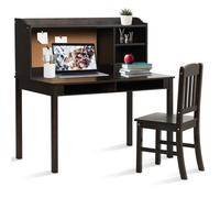 COSTWAY Ensemble Bureau et Chaise pour Enfant 5-12 ans - avec Tableau d'Affichage en Liège, Tiroirs, Étagères, Marron