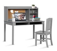 COSTWAY Ensemble Bureau et Chaise pour Enfant 5-12 ans - avec Tableau d'Affichage en Liège, Tiroirs, Étagères, Gris