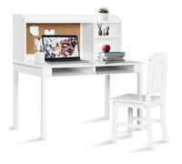 COSTWAY Ensemble Bureau et Chaise pour Enfant 5-12 ans - avec Tableau d'Affichage en Liège, Tiroirs, Étagères, Blanc