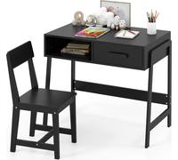 COSTWAY Ensemble bureau et chaise pour enfant, ensemble de bureau en bois pour enfant avec tiroir de rangement et étagère, ensemble de table d'écolier noir