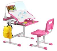 COSTWAY Ensemble Bureau et Chaise pour Enfants avec Éclairage LED, Plateau Incliné et Tiroir Coulissant, Réglable en Hauteur, Rose