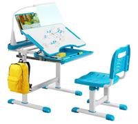 COSTWAY Ensemble Bureau et Chaise pour Enfants avec Éclairage LED, Plateau Incliné et Tiroir Coulissant, Réglable en Hauteur Bleu
