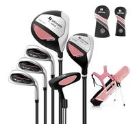 COSTWAY Ensemble Club de Golf Portable pour Enfants de 11 à 13 Ans, Set de Golf Complet Sac Trépied avec Capuche Anti-Pluie Driver #1 Hybride #5 Fers #7#9#S et Putter, pour Droitier(Rose)