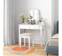 COSTWAY Ensemble Coiffeuse avec Tabouret et Miroir Eclairé Pivotant à 360°, 10 Lumières LED à Intensité Variable, 4 Tiroirs, Blanc