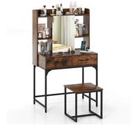Costway Ensemble Coiffeuse Avec Tabouret Et Miroir, Table De Maquillage Avec Station De Charge, Tiroirs, Étagères Ouvertes, Marron Multicolore