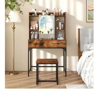 COSTWAY Ensemble Coiffeuse avec Tabouret et Miroir, Table de Maquillage avec Station de Charge, Tiroirs, Étagères Ouvertes, Marron