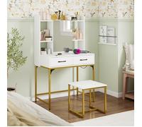 COSTWAY Ensemble Coiffeuse avec Tabouret et Miroir, Table de Maquillage avec Station de Charge, Tiroirs, Étagères Ouvertes, Blanc