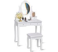 COSTWAY Ensemble Coiffeuse et Tabouret, Coiffeuse en Bois avec Dessus Amovible, Miroir Pivotant à 360° et 5 Tiroirs, pour Adultes/Enfants, pour Chambre/Salle de Bain/Chambre d'enfant (Blanc)