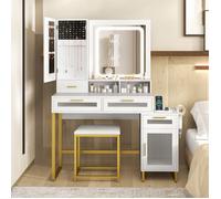 COSTWAY Ensemble Coiffeuse et Tabouret, Miroir Éclairé LED à 3 Couleurs, Station de Charge, Armoire à Bijoux, 4 Tiroirs et Porte