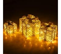 COSTWAY Ensemble de 3 Boîtes Cadeaux Illuminées de Noël, Boîtes de Présent Pré-éclairées avec 50 LED, Décorations de Noël Nœuds Détachables et Cristaux Scintillants pour Intérieure/Extérieure