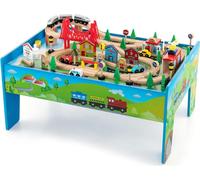 COSTWAY Ensemble de 80 pièces de chemin de fer pour enfants, table de jeu en bois avec plateau réversible et amovible, train en bois pour enfants à partir de 3 ans