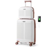 COSTWAY Ensemble de Bagages 2 Pcs, Valises de Voyage 20" et Trousse à Cosmétiques 14", Valise Cabine à Coque en PP avec Serrure TSA Port USB roulettes Approuvé par Compagnies Aériennes (Blanc)