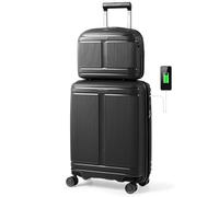 COSTWAY Ensemble de Bagages 2 Pcs, Valises de Voyage 20" et Trousse à Cosmétiques 14", Valise Cabine à Coque en PP avec Serrure TSA Port USB roulettes Approuvé par Compagnies Aériennes (Noir)