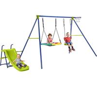 COSTWAY Ensemble de balançoires 4 en 1, portique de balançoire avec balançoire, toboggan & panier de basket, portique de balançoire avec double balançoire, balançoire de jardin avec structure métalliq
