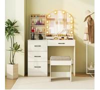 Costway Ensemble De Coiffeuse Et Tabouret, Avec Miroir Et Lumières Led Réglables À 3 Couleurs, Station De Charge, 4 Tiroirs, Blanc Multicolore