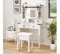 COSTWAY Ensemble de Coiffeuse et Tabouret, Miroir Coulissant, LED à 3 Couleurs, Luminosité Réglable, 4 Tiroirs, Etagères Réglables