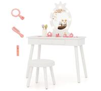 COSTWAY Ensemble de Coiffeuse et Tabouret pour Enfants avec Miroir Eclairé, Luminosité Réglable, 70 x 34 x 99 cm, Blanc