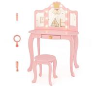 COSTWAY Ensemble de Coiffeuse et Tabouret pour Enfants avec Miroir Eclairé, Luminosité Réglable, 80 x 40 x 106 cm, Rose