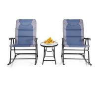 COSTWAY Ensemble de Jardin 3 PCS Table Basse en Verre avec 2 Chaises Extérieures à Bascule Pliables Coussins Rembourrés Bleu