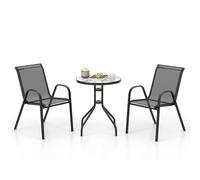 COSTWAY Ensemble de Jardin 3 Pièces, Salon de Jardin avec 2 Chaises Empilables Table Basse Ronde en Verre Trempé, Ensemble de Salle à Manger pour Jardin Balcon Terrasse Cour (Noir)