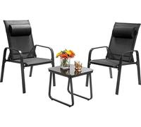 COSTWAY Ensemble de jardin 3 pièces, table de jardin en verre trempé + 2 chaises empilables avec dossier et appui-tête réglables en 3 positions, ensemble de jardin, ensemble de balcon noir