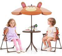 COSTWAY Ensemble de jardin pour enfants, 4 pièces avec parasol, 2 chaises pliantes, table de pique-nique pour enfants, brun