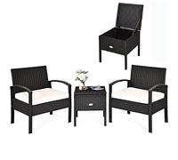 COSTWAY Ensemble de Meubles 3 Pcs de Patio en Rotin Charge 160KG, Salon de Jardin 2 Fauteuils Table Basse Rangement Caché avec Coussins Lavables Accoudoirs pour Jardin Balcon (Beige)