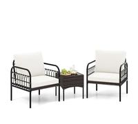 COSTWAY Ensemble de Meubles 3 Pièces de Patio en Rotin Charge 180KG, Salon de Jardin 2 Fauteuils Table Basse en Verre Trempé avec Coussins Lavables Accoudoirs pour Jardin Balcon, Blanc