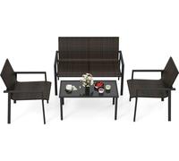 COSTWAY Ensemble de meubles de jardin en poly rotin 4 pièces, salon pour 4 personnes, ensemble de salon comprenant 2 chaises, un banc et une table, ensemble de jardin brun