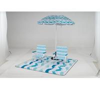 COSTWAY Ensemble de Parasol et Chaises Pliantes et Tapis 4 Pcs, Parasol Inclinable Solaire avec Sac de Transport, 2 Chaises de Plage Pliable avec Poche, Tapis à 3 Couches, pour Plage Jardin (Bleu)