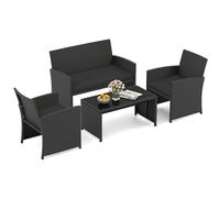 COSTWAY Ensemble de Salon de Jardin en Rotin PE 4 Pièces, Canapé 2 Places en Osier avec Fauteuils Table Basse en Verre Trempé, Mobilier d'Extérieur avec Coussins pour Patio Porche Piscine, Noir+Noir