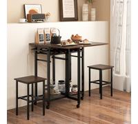 COSTWAY Ensemble de table à manger 3 pièces, table de cuisine extensible avec 2 tabourets, ensemble de table à manger sur roulettes avec casier à vin pour 6 bouteilles, étagères & poignée de poussée l