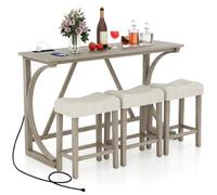 Costway Ensemble De Table De Bar 4 Pièces Avec Prise De Courant - 3 Tabourets Rembourrés - À Hauteur De Comptoir - 3 Personnes Beige