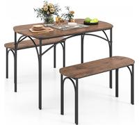 COSTWAY Ensemble de table de salle à manger 3 pièces , table de cuisine avec 2 bancs pour 4 personnes, groupe de sièges industriels, ensemble de tables de bar cadre métallique marron vintage