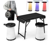 COSTWAY Ensemble de Table et 2 Tabourets Pliants Extérieur, Tabouret LED Rétractables avec 3 Effets de Lumière pour Camping, Pêche