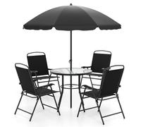 COSTWAY Ensemble Salon de Jardin 6 Pièces avec Parasol, 4 Chaises Pliantes 1 Table Basse Ronde en Verre avec Parasol Extérieur, pour Patio Pelouse Terrasse Piscine Cour, Noir