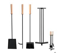 COSTWAY Ensemble Serviteur de Cheminée 4 Pièces Poignée en Bois - Tisonnier, Pelle, Brosse et Support de Base - Outils pour Bois de