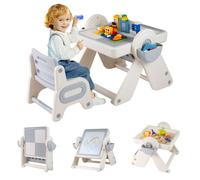 COSTWAY Ensemble Table 6-en-1 Multi-activités et Chaise pour Enfants - Plateau Réversible et Porte-stylos Paniers de Rangement Gris