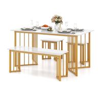 Costway Ensemble Table À Manger 4 Pièces Avec Banc Et 2 Tabourets Moderne Avec Pieds En Métal Pour Appartement, Salle À Manger Blanc