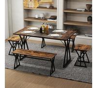 COSTWAY Ensemble Table a Manger 5 Pièces, Table Cuisine avec 2 Banc et 2 Tabourets pour 4-6 Personnes, Design Encastrable, Cadre en Métal, Style Industriel, pour Cuisine, Salon