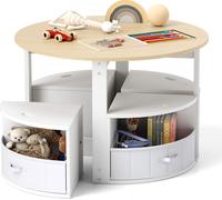 COSTWAY Ensemble table & chaises 5 pièces pour enfants, table ronde à sets avec 4 tabourets et 4 tiroirs en tissu pour différentes activités Nature + Blanc