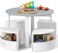 COSTWAY Ensemble table & chaises 5 pièces pour enfants, table ronde à sets avec 4 tabourets et 4 tiroirs en tissu pour différentes activités Gris + Blanc