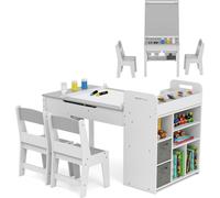 COSTWAY Ensemble table & chaises d'art avec rouleau de papier, table de bricolage pour enfants avec plateau de table relevable, étagères de stockage, bacs en tissu