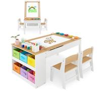 COSTWAY Ensemble Table Enfant 3 en 1 et 2 Chaises-6 Bacs de Rangement-Plateau Relevable-Rouleau de Papier & Gobelets à Peinture