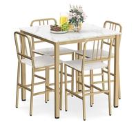 COSTWAY Ensemble Table et 4 Chaises, Table Haute Cuisine 90 x 90 cm, 4 Tabouret Bar avec Dossiers, Cadre en Métal, Mange Debout pour 4 Personnes, Style Moderne, pour Cuisine, Salon (Blanc Doré)