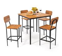 COSTWAY Ensemble Table et 4 Chaises, Table Haute Cuisine 90 x 90 cm, Tabouret avec Dossier, Mange Debout pour 4 Personnes, Design Compact, pour Cuisine, Bistro, Salon, Bar (Noyer)